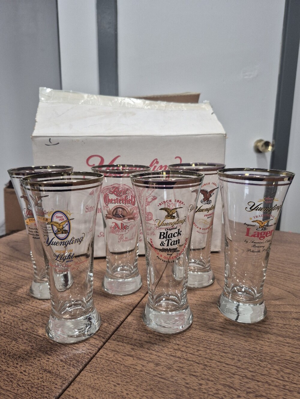 NIB Set Of 6 Yuengling Pilsner Glasses With Gold Trim